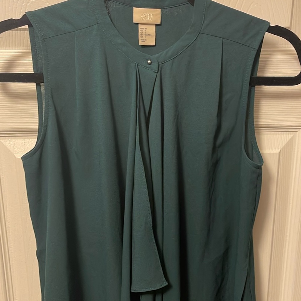 H&M Dark Teal Green Sleeveless Blouse with scarf like draping.